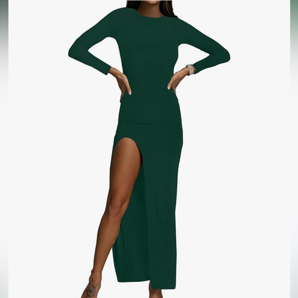 Emerald Green Long Sleeve Mock Neck Slit Maxi Dress | LYANER Size M (NEW!)